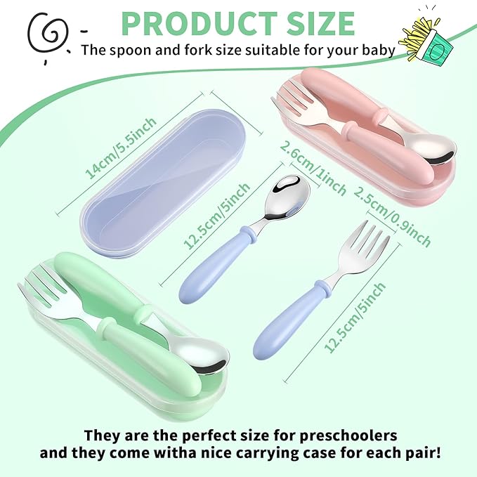 Patelai 9 Pcs Toddler Utensils with Case Stainless Steel Fork and Spoon Set Safe Baby Silverware Children Flatware Kids Cutlery with Round Handle for Lunchbox, Dishwasher Safe(Blue, Green, Pink)