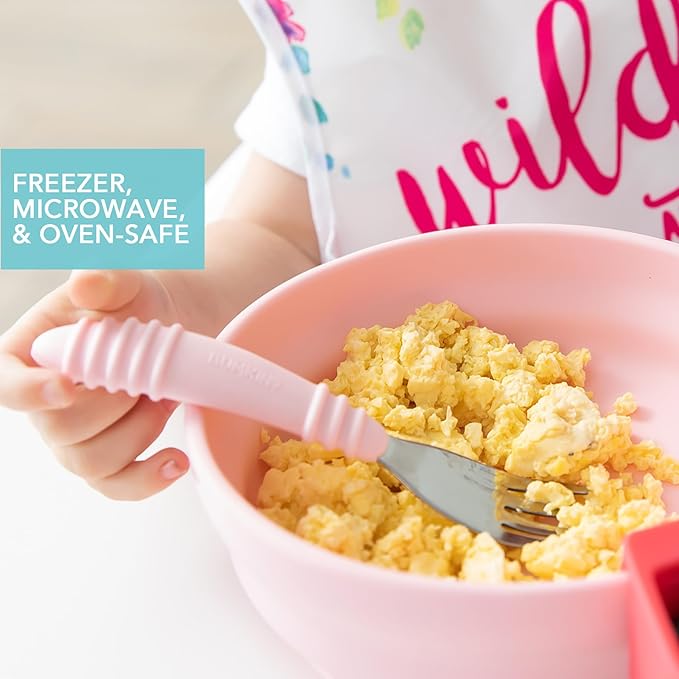 Bumkins Baby Bowl, Silicone Suction, for Babies, Toddlers and Kids, Baby Led Weaning, Feeding Essentials, Platinum Silicone, Non Skid Sticky Bottom, Supplies for Children Ages 6 Months Up, Pink