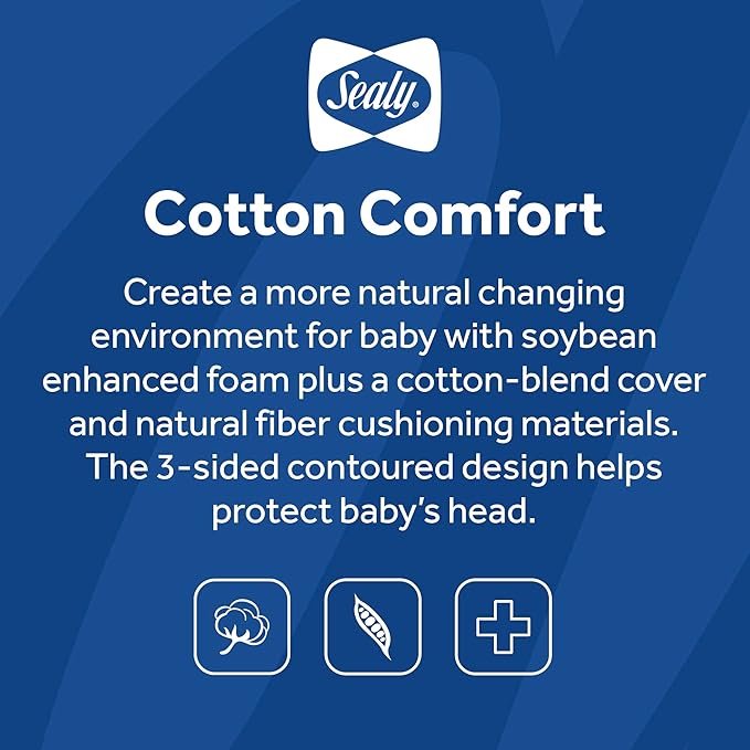 Sealy Baby Cotton Comfort Waterproof 3-Sided Contoured Diaper Changing Pad for Dresser or Table, Durable Easy to Clean Surface, Eco Friendlier Cover & Soy-Enhanced Foam, Made in USA - White, 32x16”