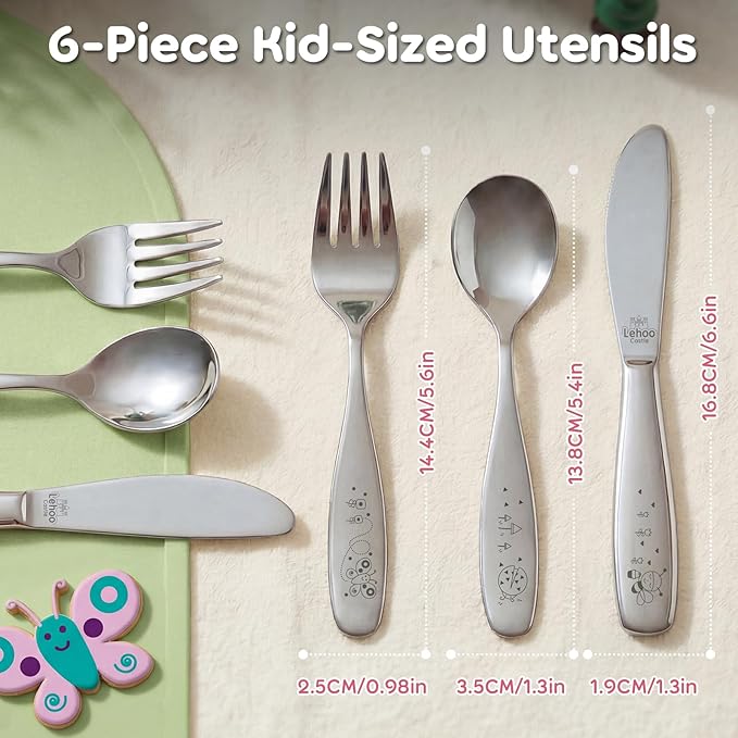 Lehoo Castle Toddler Silverware 6-Piece | Toddler Utensils for 3 Year Old, Kids Spoons and Forks Knife Set, Children Safe Flatware for Self Feeding (Insect)