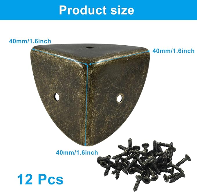 12 Pcs Metal Corner Protectors Antique Bronze Edge Guard Furniture Edge Corner Cover Angle Corner Brackets with Mounting Screws for Box Table Cabinet(1.6"x1.6"x1.6")
