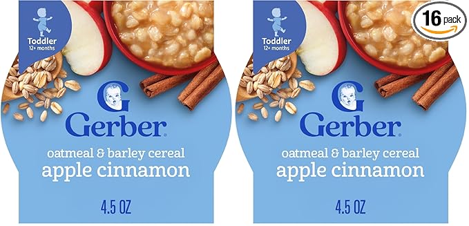 Gerber Oatmeal and Barley Apple Cinnamon Cereal, Toddler Oatmeal, Iron, Whole Grains, 8PK (Pack of 2)