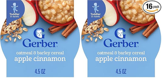 Gerber Oatmeal and Barley Apple Cinnamon Cereal, Toddler Oatmeal, Iron, Whole Grains, 8PK (Pack of 2)