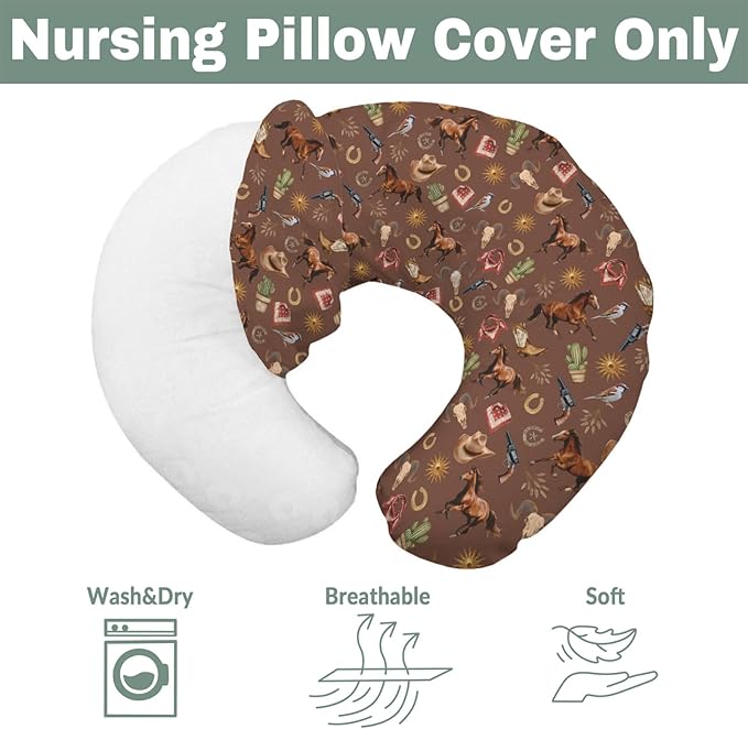 Western Cowboy Baby Nursing Pillow Covers for Boy Girl Vintage Horse Cowboy Boots Hat Cactus Goat Sun Nursery Pillowcase for Breastfeeding Pillows Wild West Soft Stretchy Slipcover for Newborn Infant