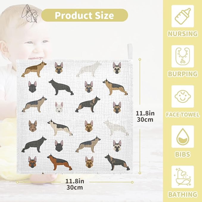 vvfelixl Cute German Shepherd Dog Baby Burp Cloths Baby Muslin Washcloths for Boys Girls Cotton Baby Face Towel for Newborn Infants Soft and Absorbent 11.8 X 11.8 in, 5 Pack