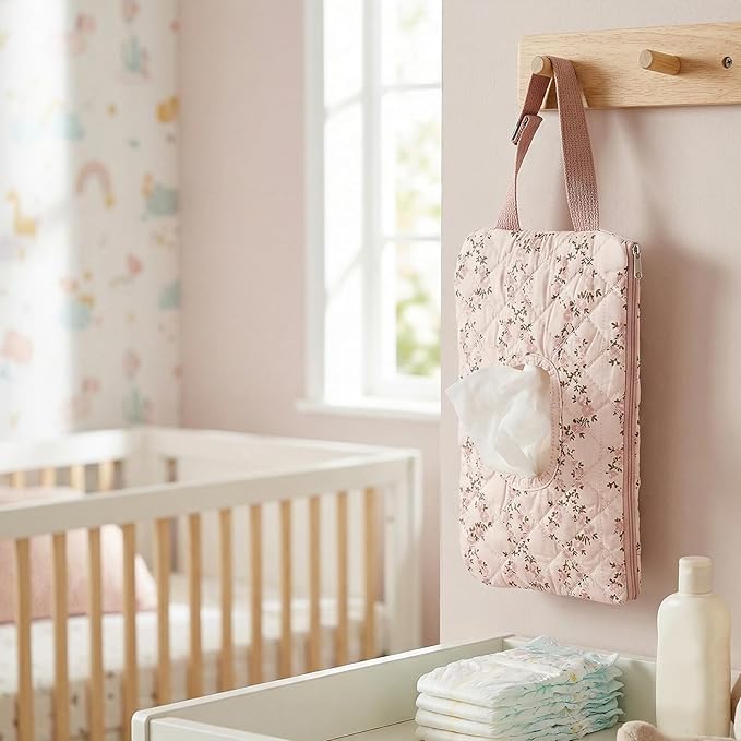 Quilted Baby Wipe Holder, Canvas Floral Quilted Pouch with Hanging Strap, Portable Diaper Wipe Holder for Travel Stroller-Long Branch Pollen