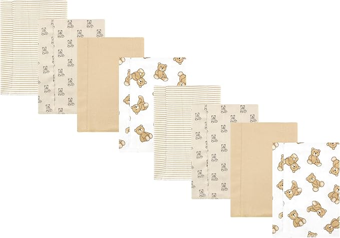 Hudson Baby Cotton Poly Flannel Burp Cloths Multipack, Teddy Bears 8-Pack, One Size