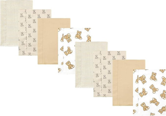 Hudson Baby Cotton Poly Flannel Burp Cloths Multipack, Teddy Bears 8-Pack, One Size