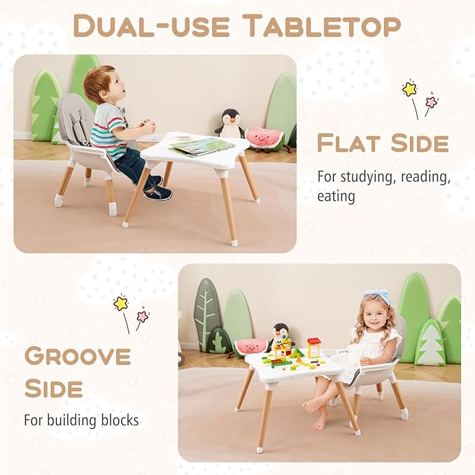 HONEY JOY Baby High Chair, 6-in-1 Convertible Wooden Highchair for Babies and Toddlers/Table Set/Toddler Chair with Safety Harness, 4-Position Removable Feeding Tray (Gray)
