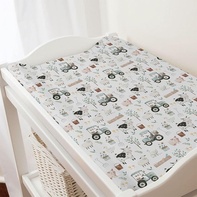 Boho Farm Animals Life Baby Changing Pad Covers for Boy Girl 32''x16'' Cow Pig Lamb Duck Truck Leaves Fitted Diaper Change Table Mats Spring Farm Planting Soft Breathable Cradle & Bassinet Sheets