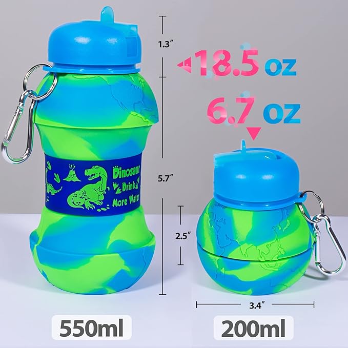 Dinosaur Water Bottle for Kids Toddler Boys 19oz 550ml Collapsible Silicone Foldable Bpa Free Leakproof Sports Water Jugs for School Sports Travel with Flip Spout Christmas Birthday Gifts Green Blue
