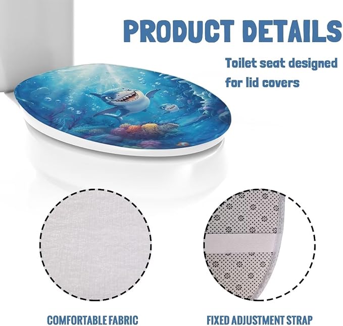 Funny Cartoon Shark Toilet Seat Covers for Bathroom Flannel Fabric Toilet Cover Set Stretch Washable Protector Cover Suitable for Home School Hotel Dormitory Apartment
