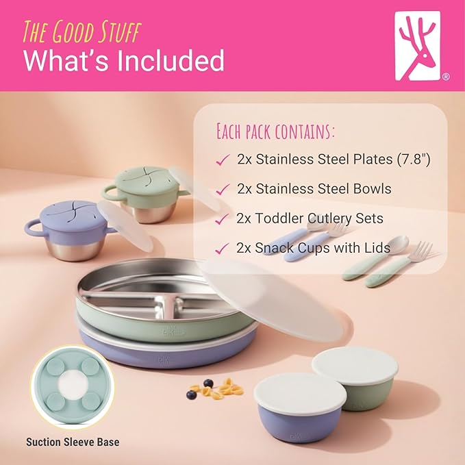 Elk and Friends Kids Stainless Steel Mealtime Bundle | Plates, Bowls, Snack Cups + Toddler Utensils | Silicone Suction Sleeves + Travel Storage Lids | For Meals + Snacks | Dishwasher Safe