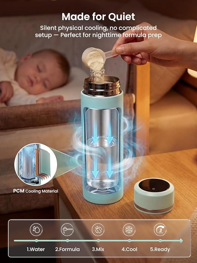 Grownsy Portable Baby Formula Bottle Maker, Rapid Cooling in 3 Min, Pure Physical Cooling, No Power Needed, Smart Color Temp Display, Travel & Night Feeding Essential, Includes Formula Dispenser,Green