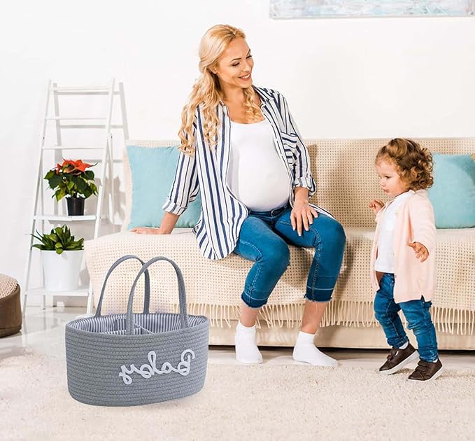 Diaper Caddy Organizer for Changing Table, Cotton Rope Baby Storage Basket for Diaper Wipes, Car Caddy Organizer, Nursery Diaper Organizer With Divider, Portable Diaper Storage -Light Grey