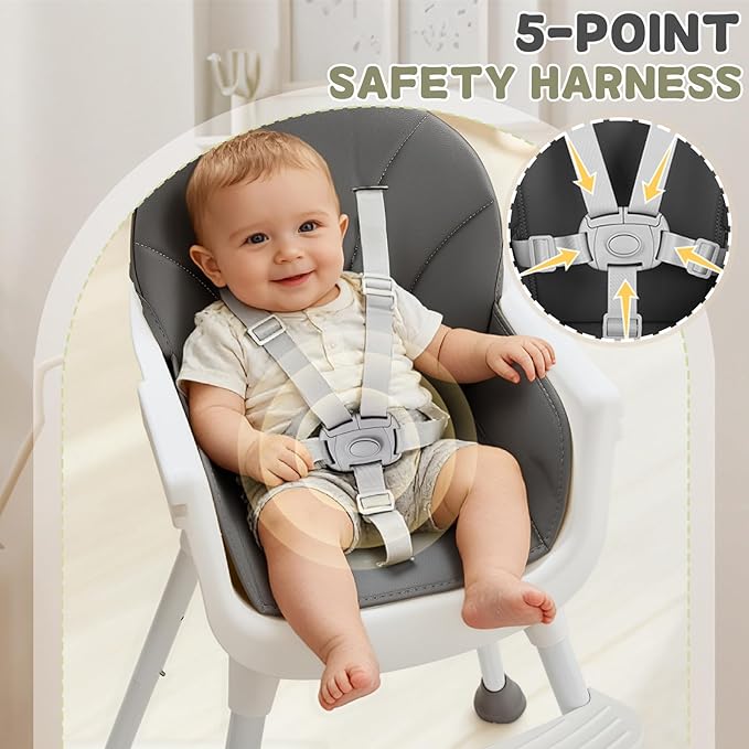 Ktaxon 3-in-1 Baby High Chair, Portable Adjustable Height Highchair with Removable Dual-Layer Tray, 5-Point Safety Harness and Footrest for Toddlers & Babies, Grey