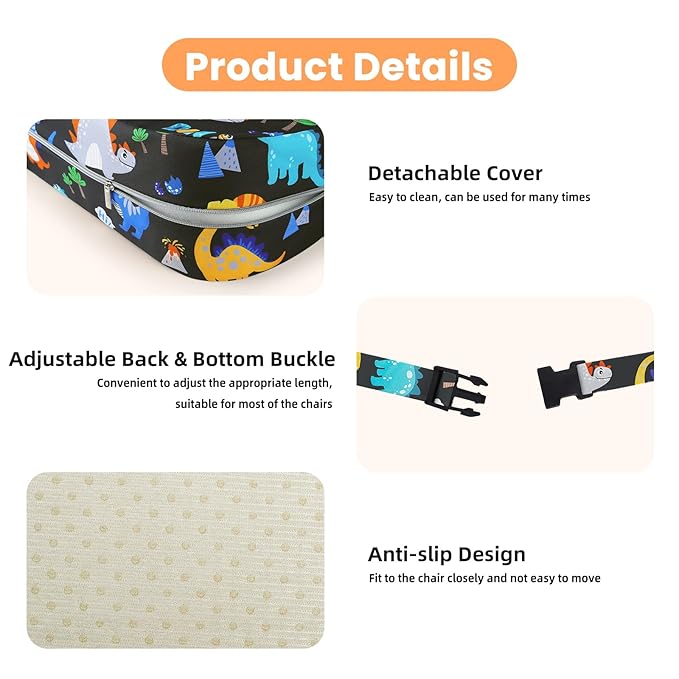 Toddler Booster Seat for Dining Table Kitchen Chair, Kids Booster Seat with Non-Slip Bottom and Adjustable Straps, 4" Detachable Washable Portable Travel Increasing Cushion (Dinosaur)