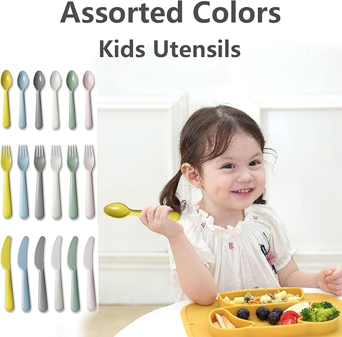 18Pcs Plastic Toddler Utensils Set Kids Spoons Forks Knife Colored Baby Flatware Set Silverware Set Reusable Utensils BPA FREE Dishwasher Safe Cutlery