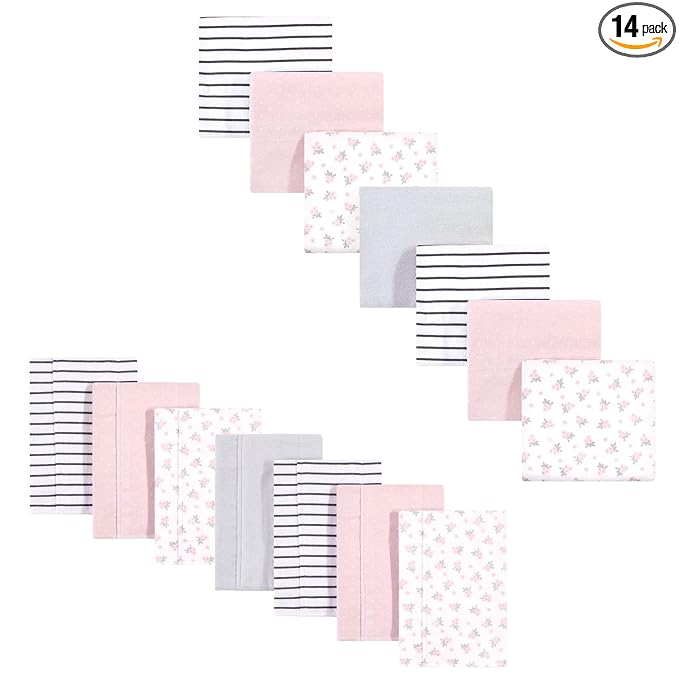 Hudson Baby Unisex Baby Cotton Flannel Burp Cloths and Receiving Blankets, 14-Piece, Gray Pink Floral, One Size
