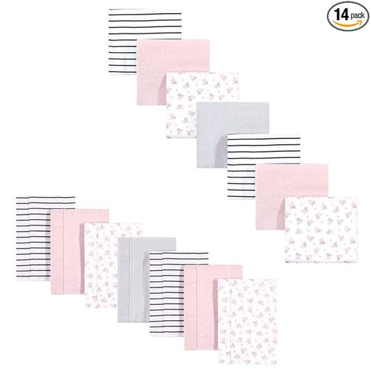 Hudson Baby Unisex Baby Cotton Flannel Burp Cloths and Receiving Blankets, 14-Piece, Gray Pink Floral, One Size