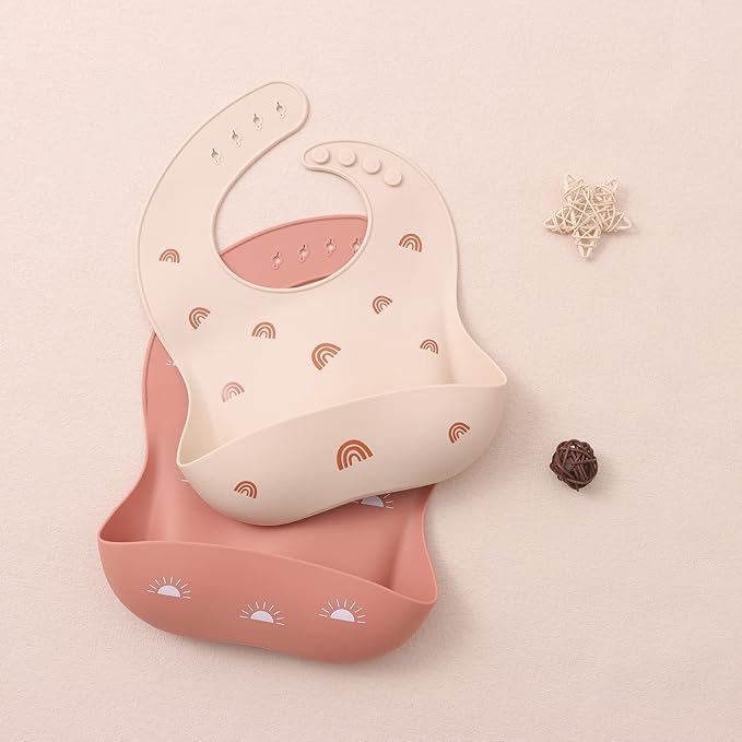 ROCCED Baby Silicone Bibs 2 Sets Baby Bibs with Food Catcher for Girls Boys Toddlers BPA Free Waterproof Soft Adjustable for Babies-Soft Pink/Pale Mauve