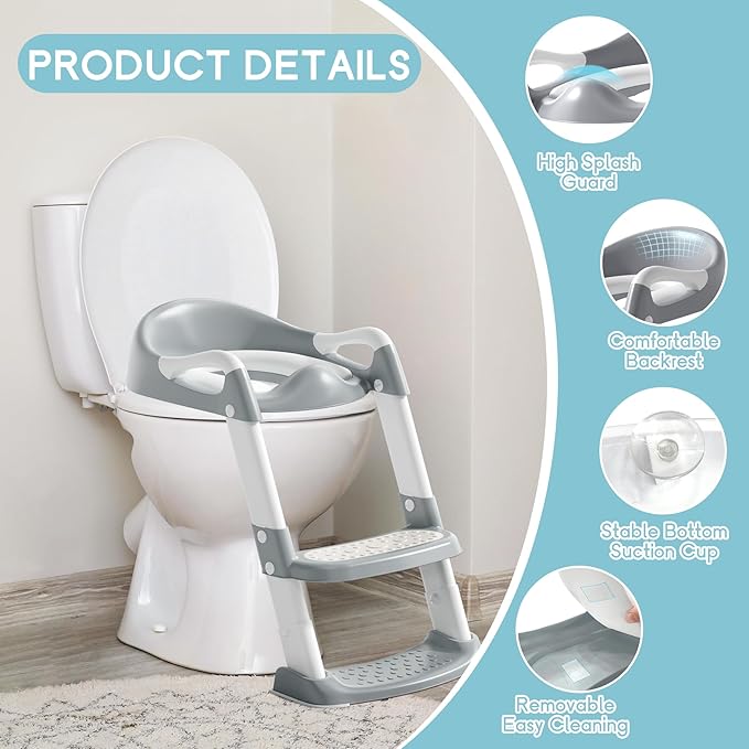 COOSEYA Potty Training Toilet with Step Stool Ladder, Toddler Kids Potty Training Seat for Boys Girls, Foldable Anti-Slip Toilet Toddler Seat Splash Guard Soft Cushion Safety Handles (Grey)
