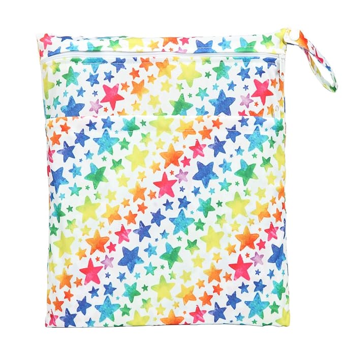 2 Wet Bags Waterproof With Two Zippered Pockets For Cloth Diapers (Jeans and Rainbow)