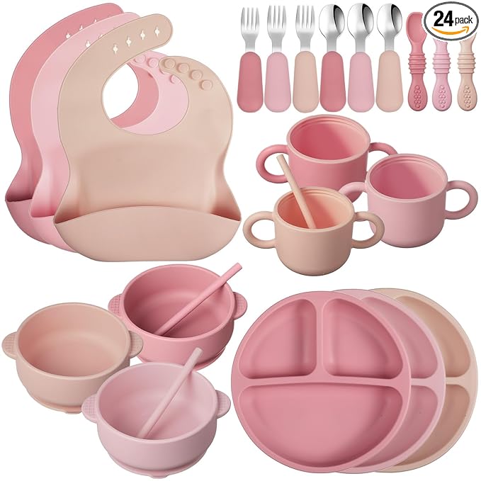 24 Pack Silicone Baby Feeding Set Baby LED Weaning Supplies Includes Suction Divided Plates Soft Bowl Spoons Forks Adjustable Bib Snack Cup and Straws(Dark Pink, Dusty Pink, Peach Color)