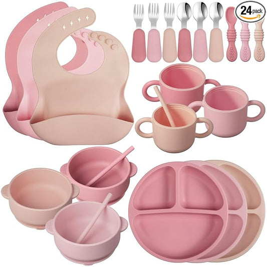 24 Pack Silicone Baby Feeding Set Baby LED Weaning Supplies Includes Suction Divided Plates Soft Bowl Spoons Forks Adjustable Bib Snack Cup and Straws(Dark Pink, Dusty Pink, Peach Color)