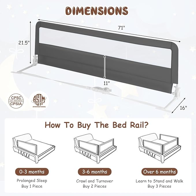 GLACER Foldable Bed Rail for Toddlers - 71" Bedrail w/Safety Straps, Child Lock & Removable Oxford Cover, Swing Down Baby Bed Rail Guard for Crib, Full, Twin, Double, Queen & King Bed (Grey, 1 Pack)