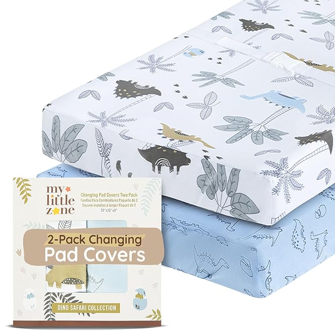 Baby Changing Pad Covers Table Sheet 32"x 16", 8" Deep Pocket - Diaper Cotton Dinosaur Changing Pad Cover, 100% Cotton Cover Sheets 2 Pack, Dino Baby Sheets, Designed in France, Dino Safari