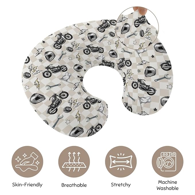 Cute Motorcycle Flag Plaid Nursing Pillow Cover Stretchy and Soft for Baby Girls Boys Motor Bikes Stars Breastfeeding Pillow Slipcovers for Race Vehicles Standard Nursing Pillows for Newborn