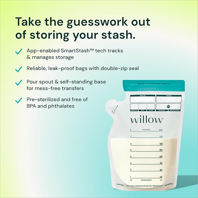 Willow - 8oz Breast Milk Storage Bags - SmartStash Tracking - 50ct - Double Zip Seal for Durability - Freezer & Fridge Breastmilk Storage - Easy Pour Spout - BPA Free - Breastfeeding Essentials