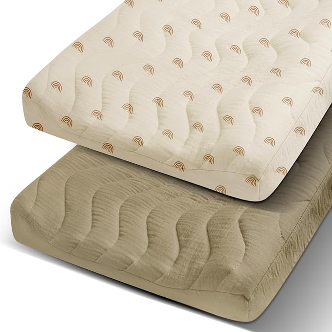 2 Pack Muslin Changing Pad Cover, Cotton Quilted Top Baby Changing Table Pad Covers, Soft Breathable Boho Changing Pad Sheets Fit for Standard Changing Pad 16" x 32" (Rainbow & Sand)