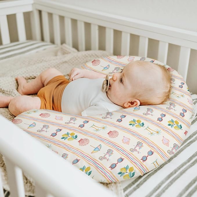 Boho Summer Beach Baby Nursing Pillow Covers for Girl Retro Lemon Palm Tree Sunglass Seashells Nursery Pillowcase for Breastfeeding Pillows Coastal Seaside Soft Stretchy Slipcovers for Newborn Infant