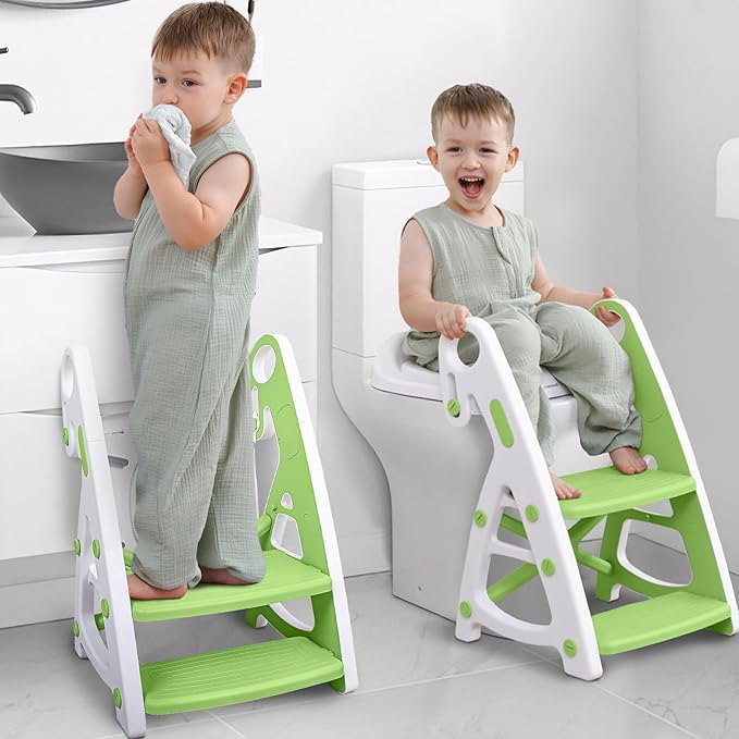 Potty Training Seat, Primlect Upgrade Ultra-Stable Toddler Toilet Seat for Kids Boys Girls, 2 in 1 Potty Training Toilet with Step Stool, Adjustable Seat and Ladder, Non-Slip Pad, Splash Guard (Green)