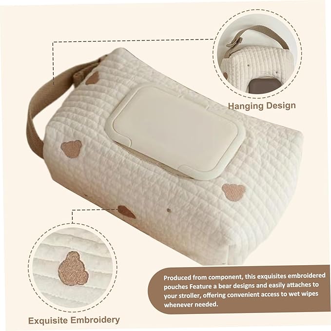 Diaper Bag Organizer, Bear Pattern Diaper and Wipes Pouch with Handle, Washable Reusable Embroidery Baby Wipes Storage Bag for Travel