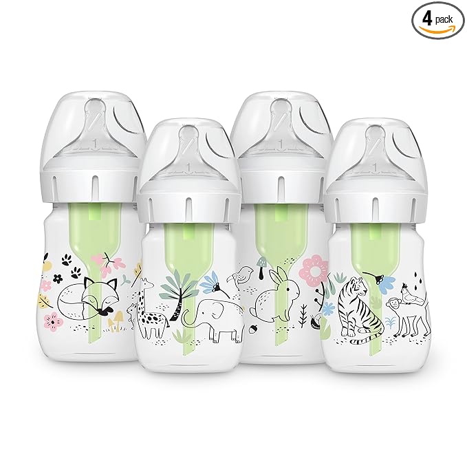 Dr. Brown's Anti-Colic Options + Wide-Neck Baby Bottle Designer Edition, Woodland + Jungle, 5 oz/150 mL, Level 1 Slow Flow Nipple, 0m+, 4-Pack
