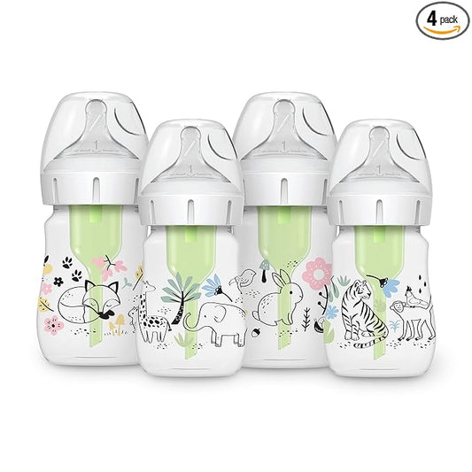 Dr. Brown's Anti-Colic Options + Wide-Neck Baby Bottle Designer Edition, Woodland + Jungle, 5 oz/150 mL, Level 1 Slow Flow Nipple, 0m+, 4-Pack