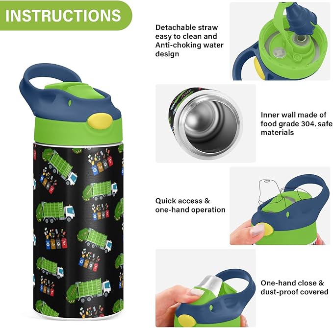 Garbage Truck Trash Recycling Water Bottle for kids- 12 Ounce;Kid's Toddler Backpack for Boys Girls