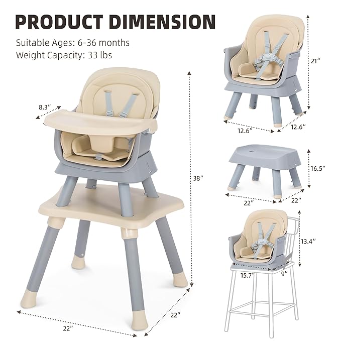 Baby High Chair, 8 in 1 Convertible Highchair, Booster Seat, Building Block/Activity Table, Stool, Feeding Chair with Dishwasher-Safe Tray, High Chairs for Babies and Toddlers (Coffee)