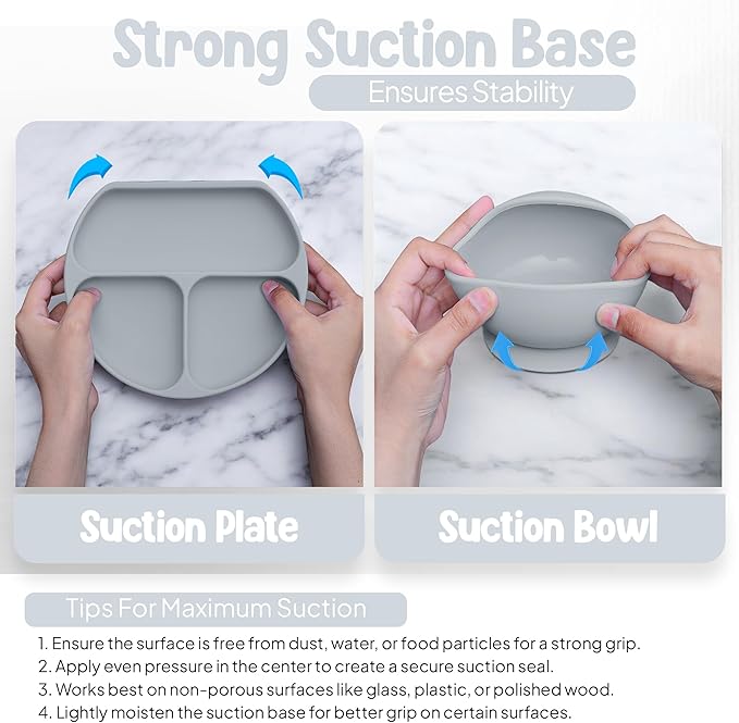 O'doe 17-Piece BPA-Free Silicone Baby Feeding Set | Thick & Soft Suction Plates, Baby Bowls, Wooden Fork & Spoon, and More | Make Mealtime Fun and Easy for Your Little One (Grey, V2)