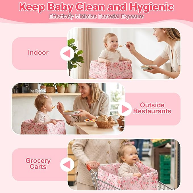 BEBOAN High Chair Cover for Restaurant, Portable Highchair Seat Covers with 3-Point Adjustable Safety Harness and Bag, for Eating/Travel/Home Use, Machine Washable, Fit Wooden Chairs (Pink Flower)