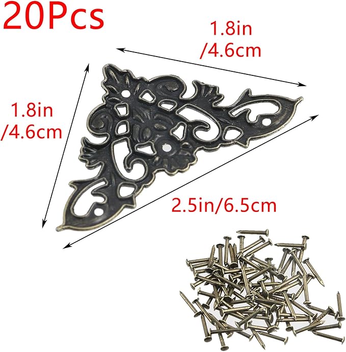 Geesatis 20-Pack Antique Bronze Corner Protectors - Decorative Edge Guards for Photo, Books, Albums, Jewelry Boxes & Gifts (2.5x1.8 inch) - Rustic Vintage Craft Supplies