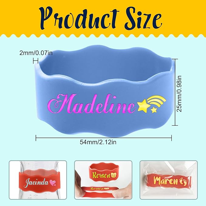 4 Pcs Personalized Water Bottle Name Bands, Elastic Silicone Daycare Labels Washable Sippy Cup Strap Waterproof Bottle Labels Daycare Essentials Gifts