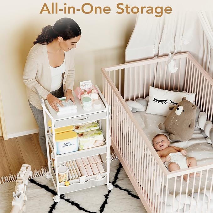 BBLIKE 3-Tier Diaper Caddy Organizer - Rolling Utility Baby Cart with Drawer and Side Pockets for Nursery and Baby Essentials, Multi-Function Cart for Bedroom and Bathroom, White
