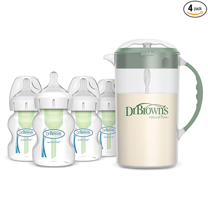 Dr. Brown's Baby Formula Mixing Pitcher 32oz, Olive with Anti-Colic Options+ Wide-Neck Baby Bottles, 4 Pack, 5 oz