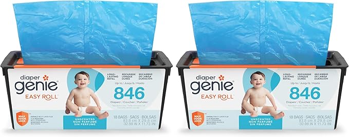 Diaper Genie Easy Roll Refill, 18 Bags Per Refill, Holds Up to 846 Newborn Diapers, Odor Control, Diaper Pail Bags, Fits Diaper Genie Signature & Platinum Pails, Packaging may vary (Pack of 2)