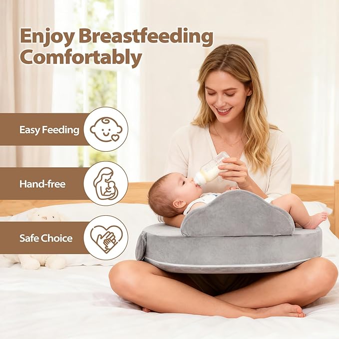 Nursing Pillow - Memory Foam Bottle & Breastfeeding Pillow with Safety Fence - Ergonomic Support, with Wider Breast Feeding Cushion, Adjustable, Removable Cover, Baby Safety Certified Gray
