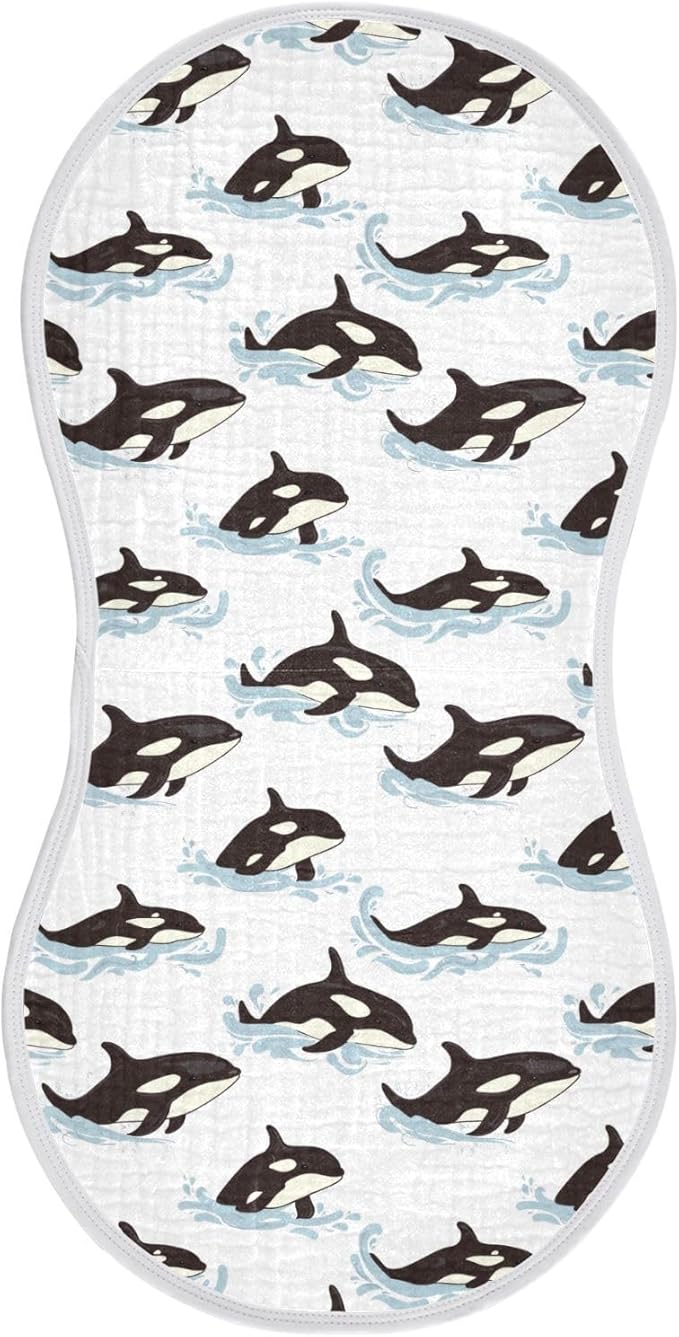 Muslin Burp Cloths for Baby Boys and Girls - 1-Pack Ultra Absorbent Killer Whale Orca Muslin Washcloths, Newborn Towel, Milk Spit Up Rags, Burp Cloth Bib for Unisex, 22 x 11 Inch